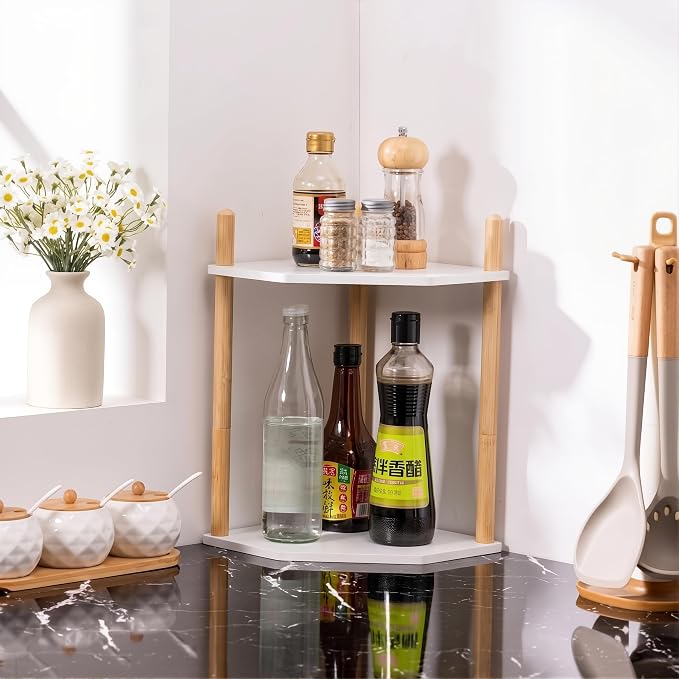 2-Tier Extra Tall Bamboo Corner Shelf, Kitchen Countertop Wine Bottle Organizer, Corner Counter Storage Rack for Pantry, Spice & Wine Organizers and Storage