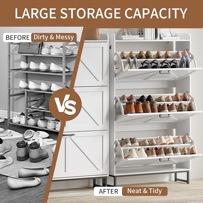 Xixini Shoe Storage Cabinet with 3 Flip Drawers, Entryway Shoe Rack, White | Freestanding Narrow Shoe Storage, Hidden Slim Wood Shoe Organizer, Modern Farmhouse, Open Storage & Hooks for Closet, Hallway