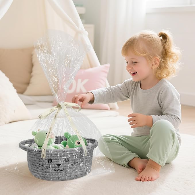 Small Cat Toy Basket, Gift Baskets Empty for Baby Shower,9.8" x 4" | Boo basket Cute Woven Rope Storage Basket for Home Decor, Baby Baskets for Nursery, Cat Pet toy box, Grey