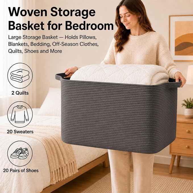 OIASKET 118L Extra Large Blanket Basket Living Room, 24.8"x17.7"x16.2" | Woven Rope Baskets for Storage, Nursery Blanket Storage for Living Room, Toy Basket with Handle Organizing Comforter Pillows