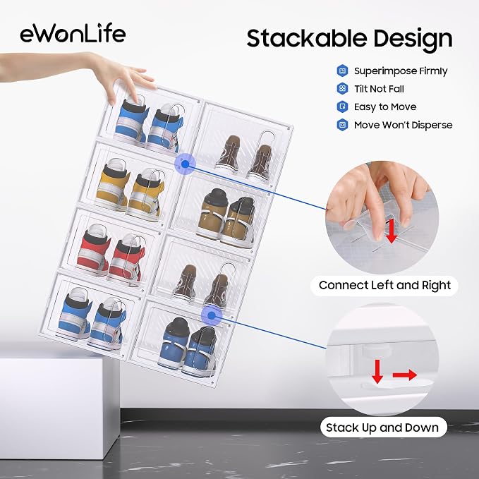 Large Shoe Organizer Storage Box with Magnetic Door,12 Pack Clear Plastic Stackable Sneaker Containers for Closet, Connect Left and Right Shoe Box for Entryway, Drop Front, Under Bed (White)