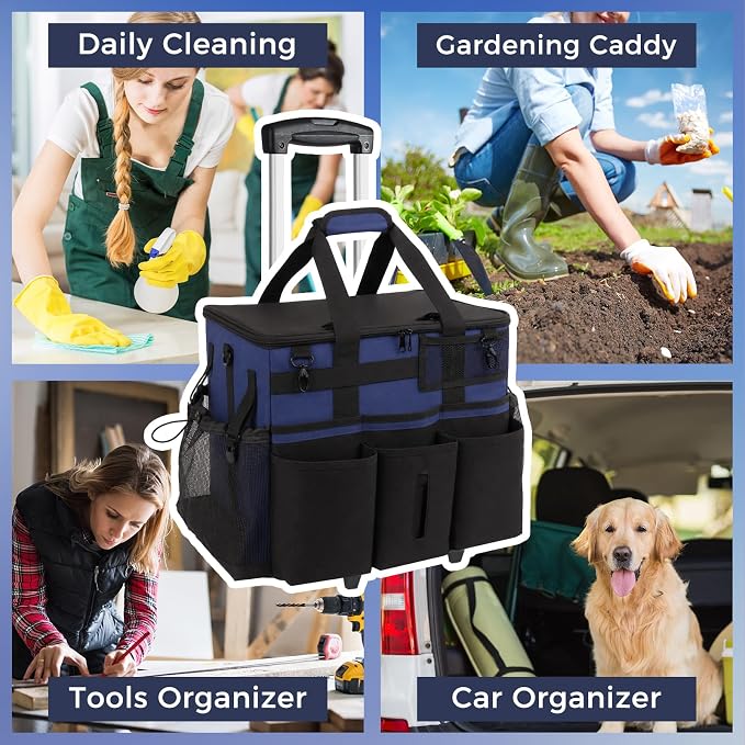 SCAVATA Rolling Cleaning Caddy Bag with Detachable Trolley, Large Cleaning Supplies Organizer with Wheels, Multi-Pocket Cleaning Cart with Adjustable Shoulder Strap for Housekeepers (NavyBlue)