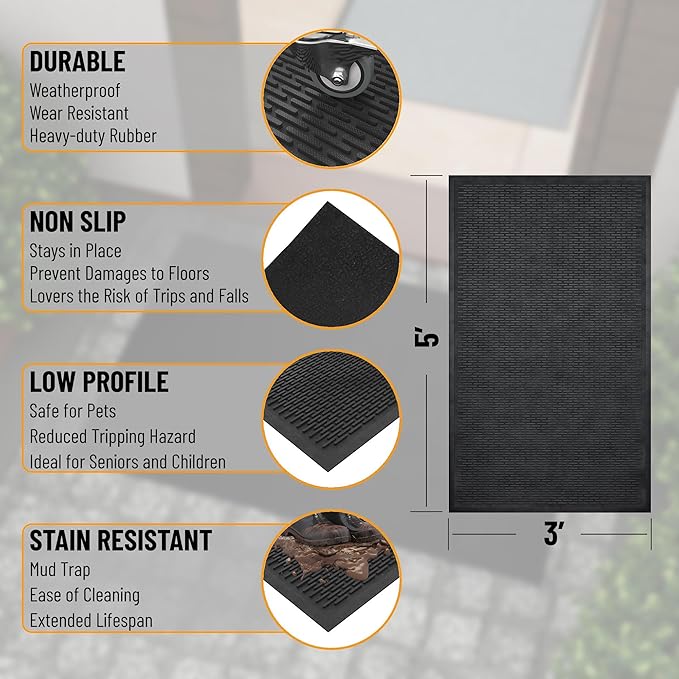 Ottomanson Waterproof Rubber Outdoor Doormat – Heavy-Duty Non-Slip Rubber Floor Mat with Ridge Scraper Pattern, All-Weather Front Door Entry Mat for Mud & Dirt Control – 35" x 60", Black