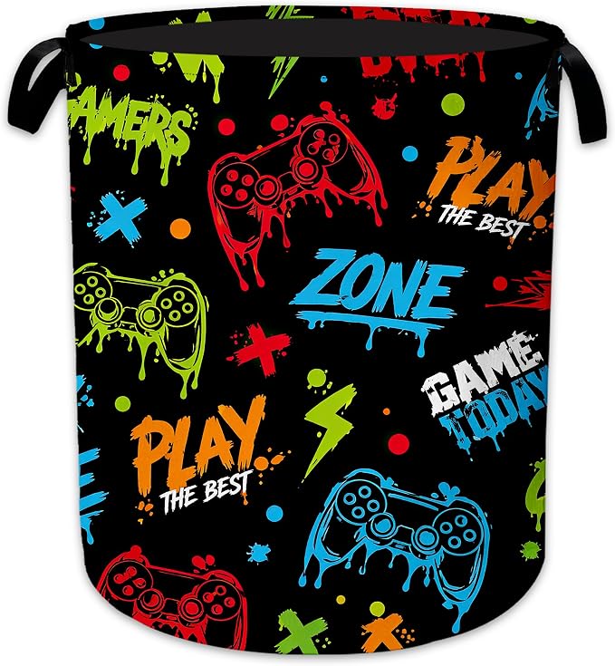 Gaming Zone Laundry Basket, Game Over Collapsible Laundry Hamper Waterproof Oxford Cloth With Handles, Clothes Storage Bucket For Bathroom/Bedroom 16" x 20.8"