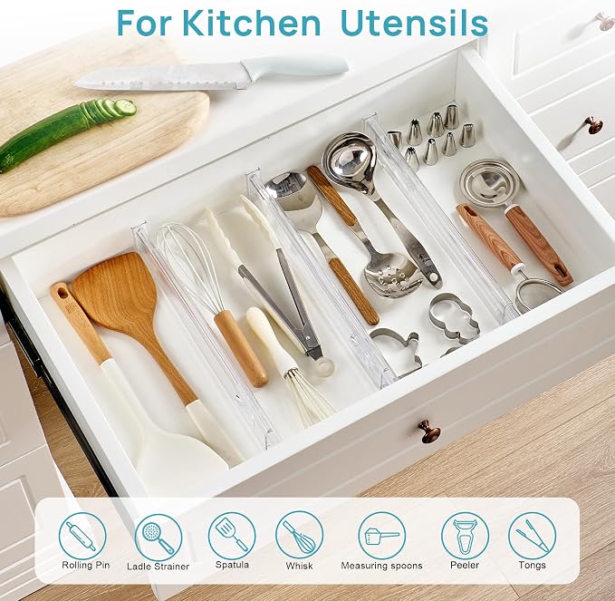Vtopmart 2.36" Short Upgrade Drawer Dividers 12.8"-22.3" Expandable 12 Pack | Adjustable Kitchen Drawer Organizer, Clear Plastic Separator for Flatware, Utensils, Cutlery, Underwear Storage, Space Saving