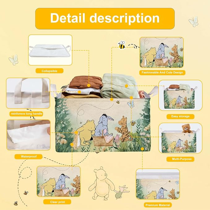 Winnie Nursery Decor, the Pooh Baby Stuff, Winnie Storage Nursery Basket, Large squarecanvas Laundry Hamper With A Waterproof PECoating, Foldable, Toys Bin, Baby Nursery HamperDecor, Classic