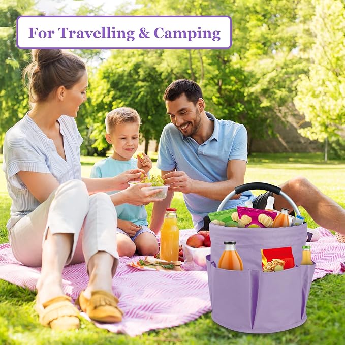 17L Purple Shower Caddy for Women, Foldable Cleaning Caddy with Handle and 6 Pockets, 600D Oxford Fabric Garden Tool Bag, Multifunctional Storage Basket for College, Dorm, Family, Purple