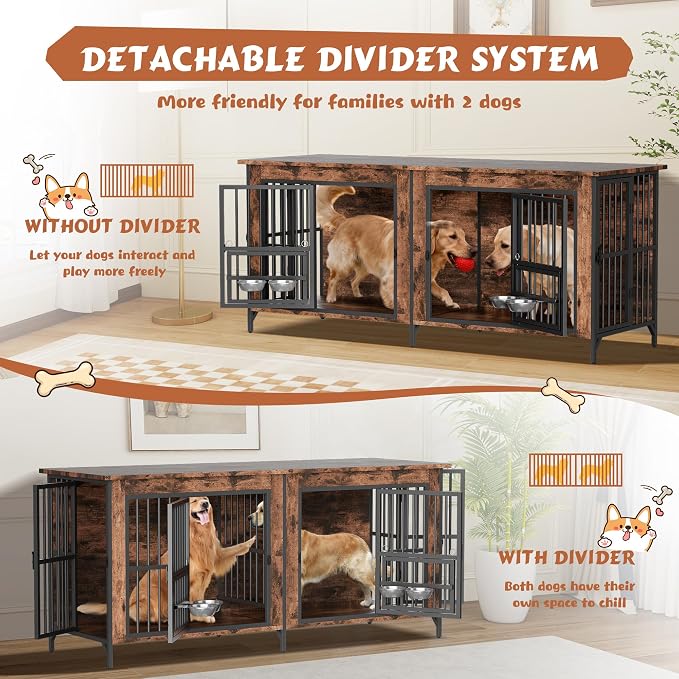 63'' Double Dog Crate Furniture, Wooden Dog Kennel with Removable Divider for 2 Dogs, XL Dog House Indoor with Rotating Bowl Holders, Heavy Duty Dog Crate TV Stand (62.9"L x 23.6"W x 27.9"H)