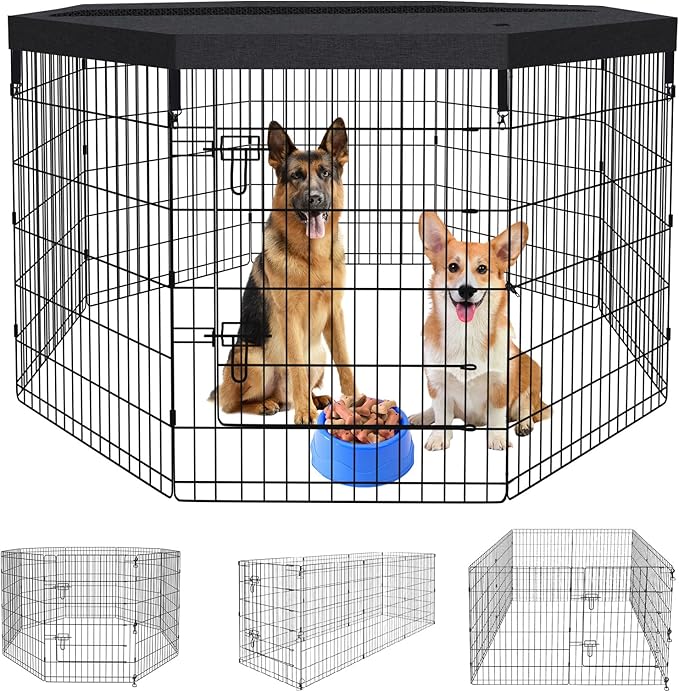 Peekaboo Dog Playpen 36 Inch, 8 Panel Metal Pet Fence with Top Cover | 36 Inch 8 Panel Foldable Rustproof Metal Dog Playpen with Octagonal Top Cover