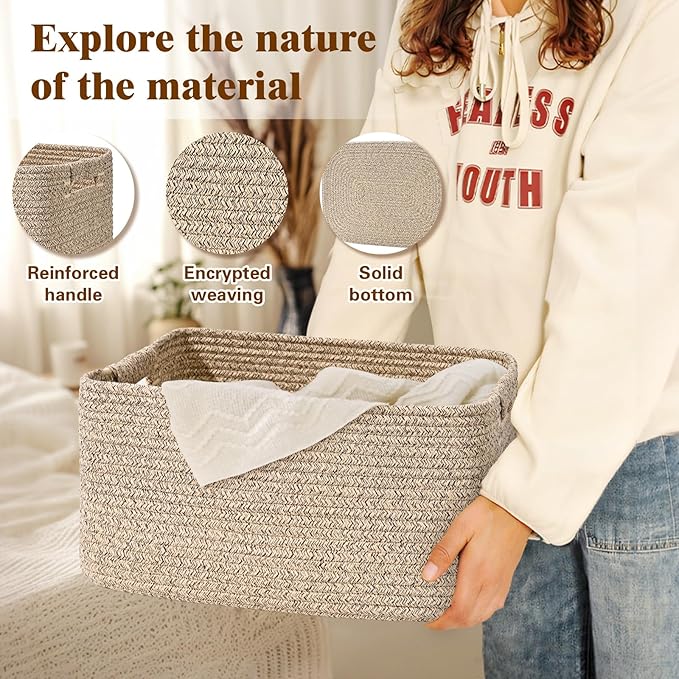 3 Pack Large Storage Basket for Organizing, 17.5"x13"x7" Woven Basket for Shelves, Closet Cube Storage Bins with Wrapped Handle, Cotton Rope Baskets for Kitchen, Clothes, Toys(Natural))