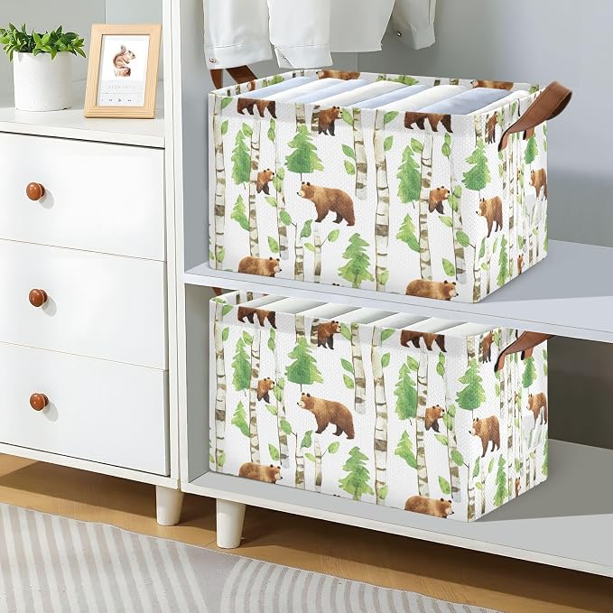 Watercolor Woodland Bear Forest Animal Baby Storage Basket with Labels&Handles Waterproof Nursery Storage Bins Collapsible Shelf Organizer Baskets for Kids Books Cloth Gift Toys Laundry, 2 Pack