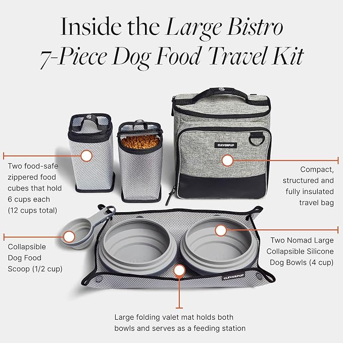 Large 7-Piece Bistro Box Dog Food Travel Kit, 12-BPA-Free Cup Kibble Storage, 2 Silicone Bowls, Mat & Scoop - Portable Pet Food Kit for Weekends, Overnights, Daycare & Camping, Heather Grey