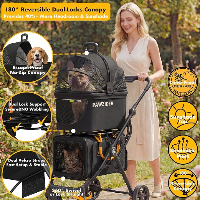 PAWZIDEA Double Pet Stroller with 2 Detachable Carrier, Multifunctional | Portable Travel Crate & Car Seat Combo & TSA-Approved Expandable Carrier, Foldable Jogger Stroller for 2–4 Cats or Small Dogs
