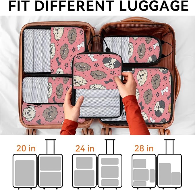 Cute Dog Compression Packing Cubes Dog Paw 6 Set Travel Packing Cubes for Suitcases Lightweight Expandable Organizers