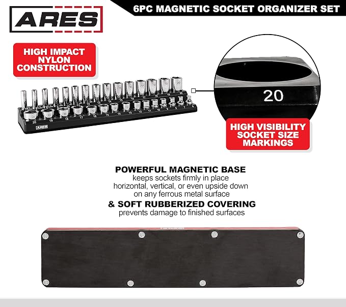 ARES 60160 6-Pc Black/Green Metric/SAE Magnetic Socket Organizer | Part No. 60160; Metric and SAE Set Black and Green -1/4 in, 3/8 in, 1/2 in Socket Holders -143