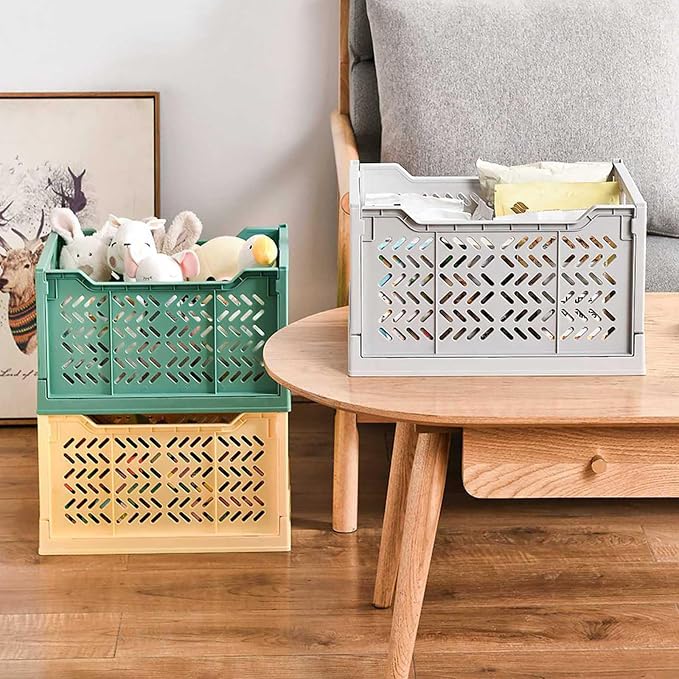 2 Pack Stackable Storage Crates, Plastic Foldable Baskets Tall Gray | Easy-carry handles, suitable for toys books groceries office supplies and household storage for home office shopping