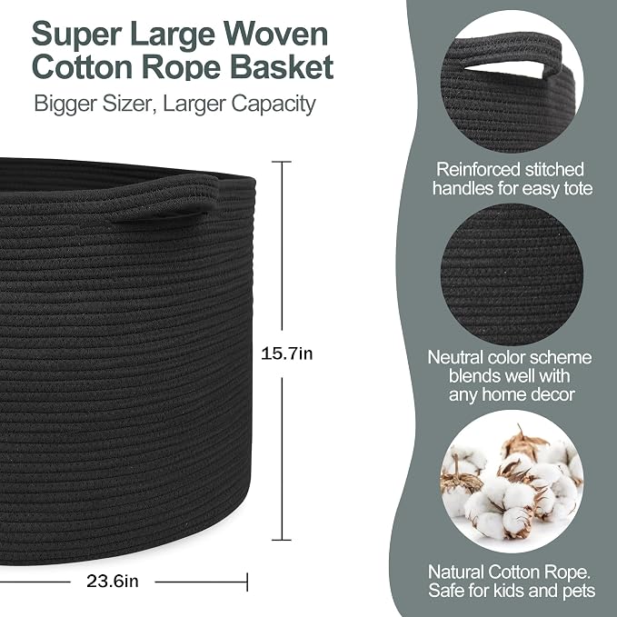 115L Super Large Black Blanket Basket, 23.6"x15.7" Woven Rope Bin for Storage, Oversized Kids Dog Toy Storage Box Bins, XXXL Blanket Holder for Living Room, Jumbo Wicker Basket for Organizing