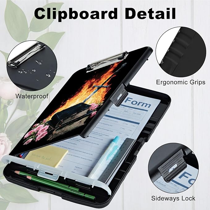 A4 Clipboard with Storage Pen Holder, Clipboards Organizer Nursing Clipboard Foldable File Folder Plastic Clipboard Folio Clip Board for Office Work Classroom Doctor, Flame Book Rose