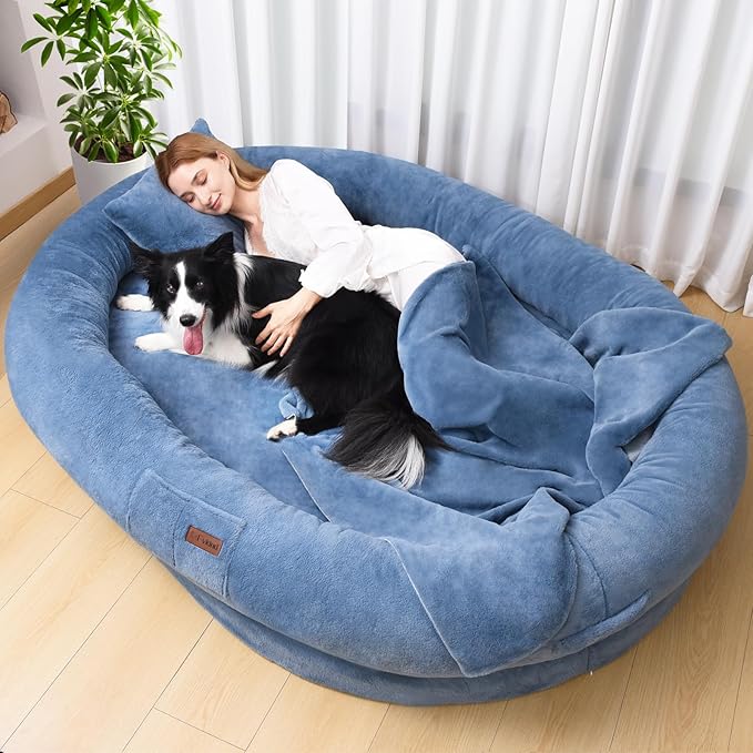 Fvkind Human Dog Bed, Adult Dog Bed for Humans, 70"x33"x12", Blue | Dog Bed for Humans, Human Size Dog Bed, Thick Orthopedic Foam, Soft Plush Faux Fur Cover, Blanket and Pillow Included