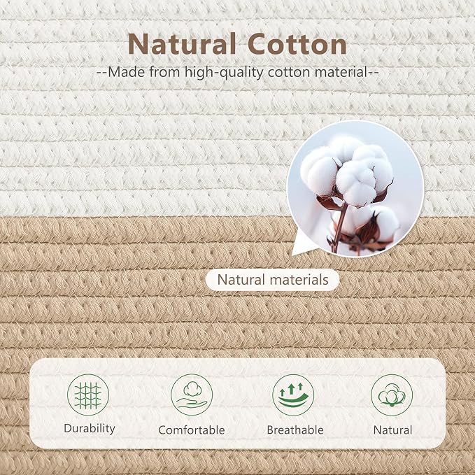 ECDYQXVU 15x10x9 Woven Cotton Rope Storage Basket, Leather Handles 1 Pack | Foldable Design, Sturdy PU Handles, Easy to Clean Organizer for Living Room, Closet, Shelves, Bedroom, Laundry, Clothes
