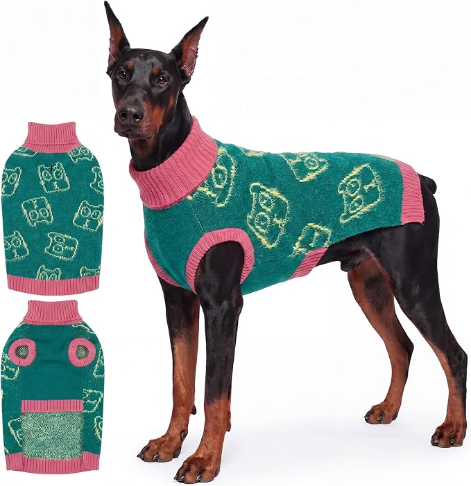 IDOMIK Dog Knitted Sweaters for Extra Large Dogs, Warm Pet Sweatershirt,3XL | Soft Stretch Dog Sweater with High Collar, Sleeveless Dog Winter Clothes, Cute Cat Pattern Dog Winter Apparel