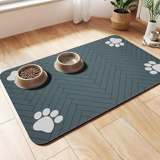 Pet Feeding Mat-Absorbent Dog Feeding Mat for Food and Water Bowl,No Stains Pet Placemat,Quick Drying Water Dispenser Mat for Dog and Cat,Easy to Clean Dog Accessories(S,Black Gray Paw)