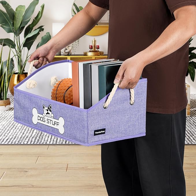 Dog Toy Basket, Storage Bin, Collapsible Box for Pet Accessories | Fabric Container With Handle, Trapezoid Holder for Small Medium dogs, Organizer for Living Room, Purple