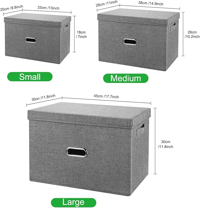 Linen Fabric Collapsible Storage Bins with Removable Lids and Handles, Washable Storage Box Containers Baskets Cube with Cover for Bedroom,Closet,Office,Living Room,Nursery (Khaki, Small)