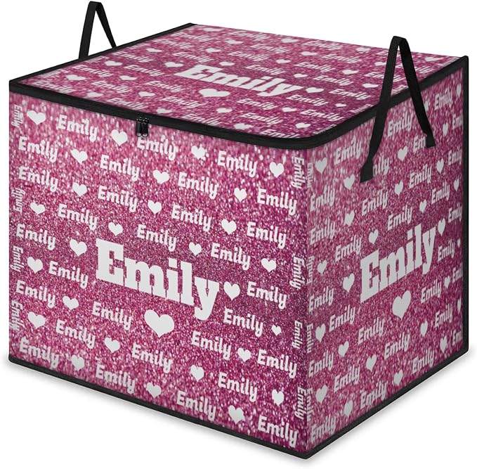Personalized Storage Bins with Lid, Customized Name Jumbo Storage Basket Rectangle Clothes Organizer for Organizing Kids and Pets Toys Shelf Closet, Pink Bling Glitters with Love Hearts