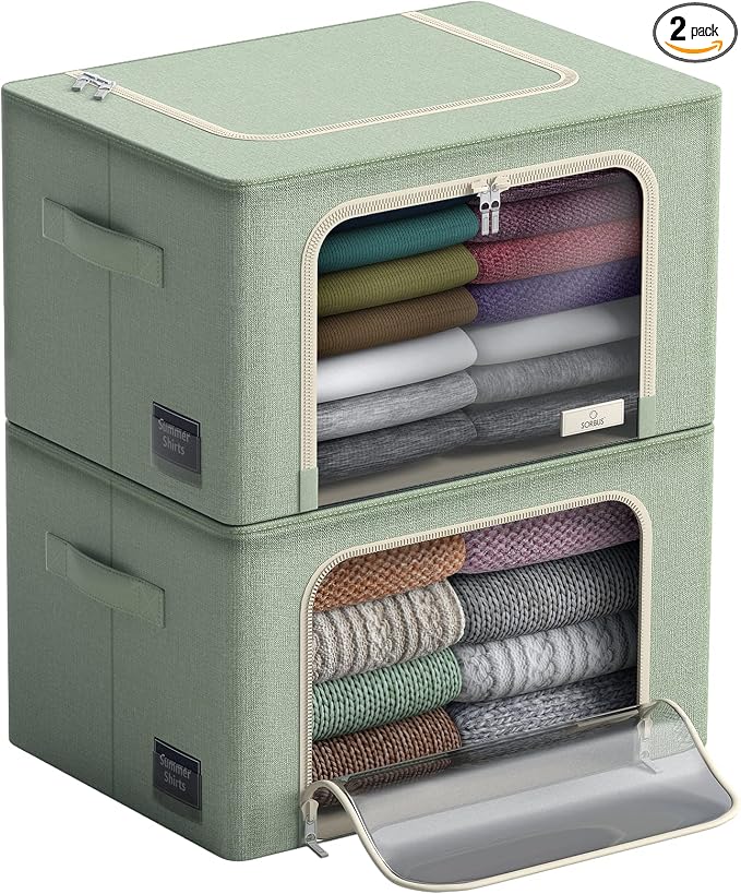Sorbus Clothing Storage Bins with Clear Window, Metal Frame (2 Pack, Teal) | Oxford-fabric containers with carry handles stack neatly to organize bedding and linens in closets and laundry rooms.