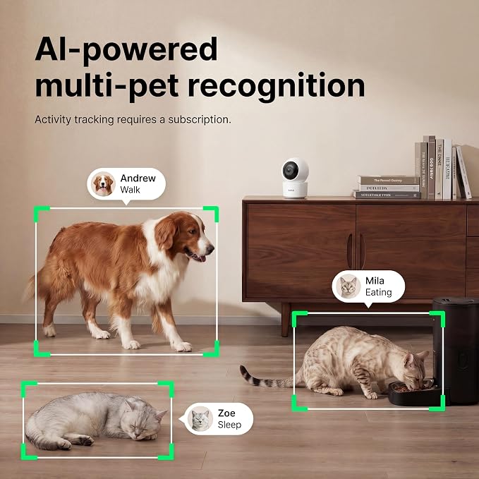 AI Pet Camera Indoor, Multi-Pet Recognition for Up to 6 Pets, 2K 3MP Dog & Cat Camera with 360° Auto Tracking, AI Daily Summaries, Night Vision, 2-Way Audio, 2.4/5GHz WiFi