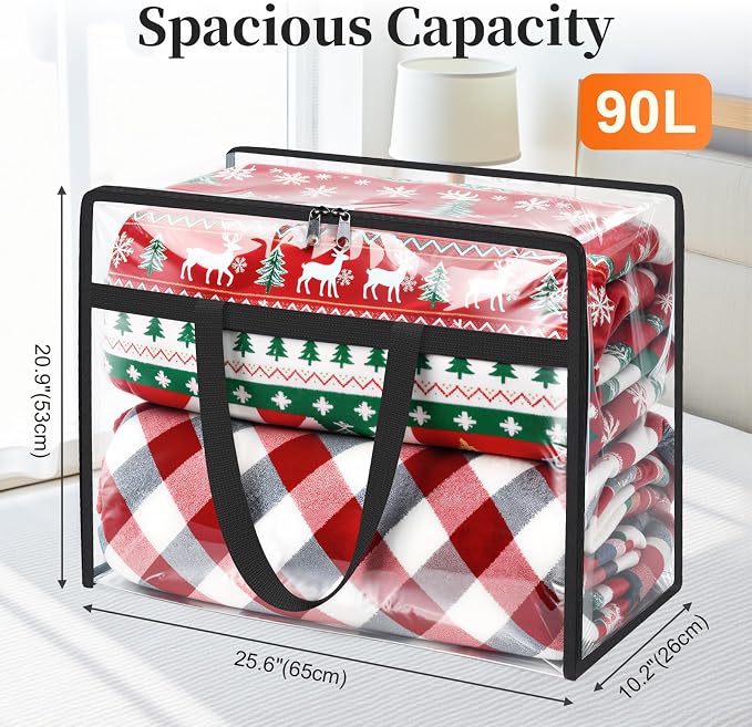 SpaceTrove Clear Storage Bags, 4-Pack Under Bed and Closet Organizers 90L | Clear PVC bags with zippers and handles, foldable waterproof moving bags store comforters, blankets, bedding, clothes and toy