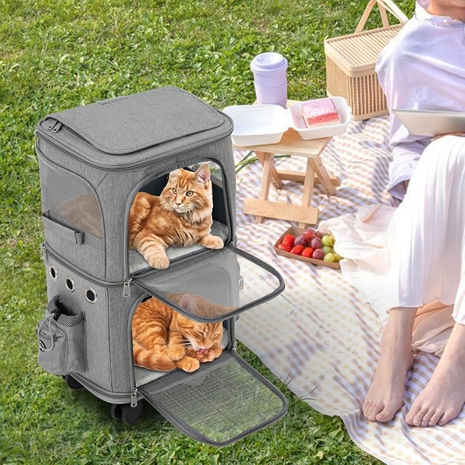2-Tier Rolling Pet Carrier for Cats & Dogs, Removable Divider, Telescopic Handle, 4 Wheels, Breathable Mesh, Foldable, Large Portable Travel Crate with Side Pockets, 22lbs Capacity