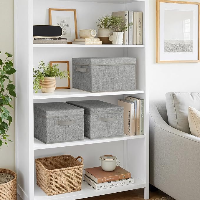 GRANNY SAYS Storage Bins with Lids, Decorative Storage Boxes with Lids | Storage Box with Dust Cover, Handles & Lable, Collapsible, Ideal for Closet Clothes Blanket Toys, Medium, Ash Gray, 3-Pack