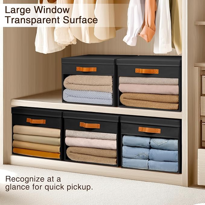 Large Storage Bins with Lids - 6 Pack Foldable Decorative Organizers with Clear Windows & Handles, Cube Storage Organizers for Clothes, Blankets, Sweaters, CD, Black