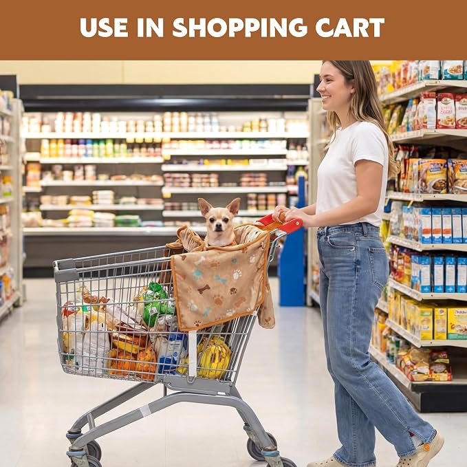 Soft Velvet Shopping Cart Cover for Dogs, Plush Pets Grocery Cart Cover with Safety Ropes, Portable and Easy-on Stretch Design for Shopping Carts with Carry Bag(Orange Print)