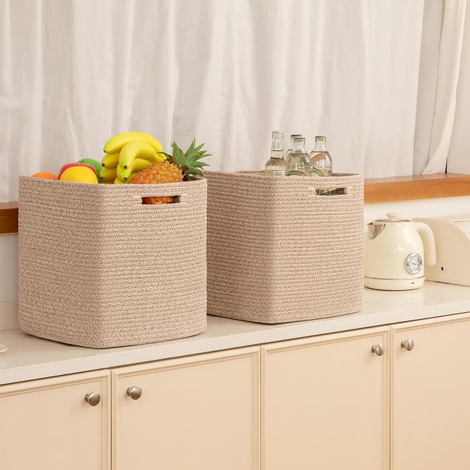 OIAHOMY 3 PACK Cube Storage Bin 13 Inch Collapsible Storage Cube Brown | Cube Storage Organizer Storage Bins for Shelves Baskets for Organizing Woven Rope Storage Baskets