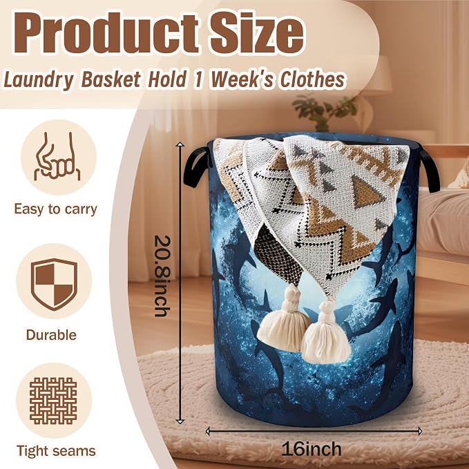 Shark Ocean Fantasy Laundry Hamper,Laundry Baskets,Waterproof Oxford Cloth Toy Storage for Bedroom,Bathroom,Nursery,16x20.8 Inch