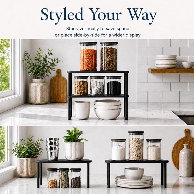 Ibyx Shelves Organizer Set of 2 - Kitchen Cabinet Organizers and Pantry Storage - Bamboo Top & Brass-Effect Metal Legs - Stackable Shelves for Kitchen Counter & Cabinets with 22 lb Capacity - Black