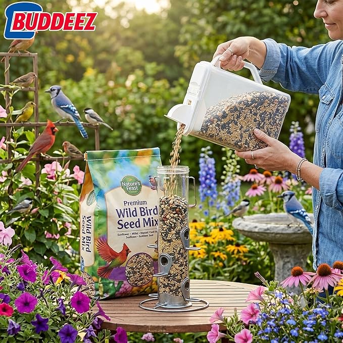 Buddeez Bulk Food Storage Container 8 Quart All Purpose Clear (White Lid) | Clear container for easy visibility, Easy-grip handle, Easy-pour spout, For flour, sugar, cereal, rice and dry goods