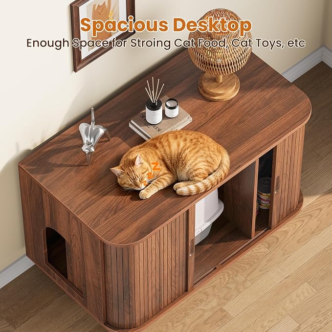 Snughome Cat Litter Box Enclosure, 35.4'' Hidden Litter Box Furniture with Sliding Door, Modern Hidden Litter Box Cabinet, Wooden Indoor Cat House, TV Stand, Side End Table for Living Room, Walnut