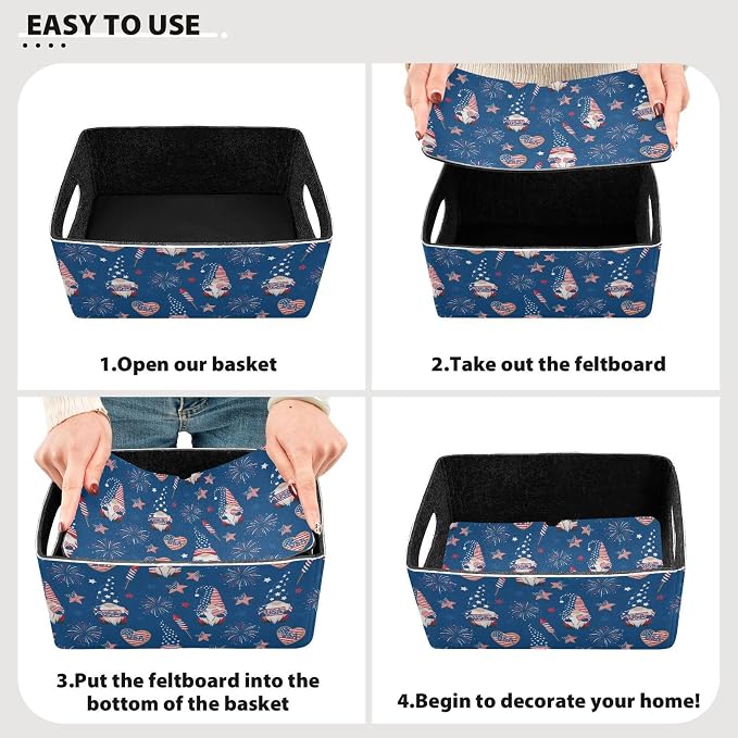 Emelivor 4th July Gnome Blue Storage Basket Bins Set (2pcs) Felt Foldable Storage Bins with Handles Foldable Shelf Drawers Organizers for Nursery,Kids Room,Clothes,Towels,Magazine
