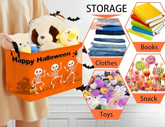 Large Halloween Themed Candy Gift Boo Basket for Kids Baby Personalized Adults Storage Bin Fall Decor(Orange Dance Skeleton)