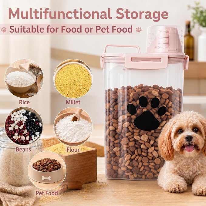 Dog Storage Container with Cleaning Brush and Measuring Cup | Airtight Portable Pet Food Containers with Upgraded Large Spout and Cup for Dogs,Cats,Birds,Small Animals(White)