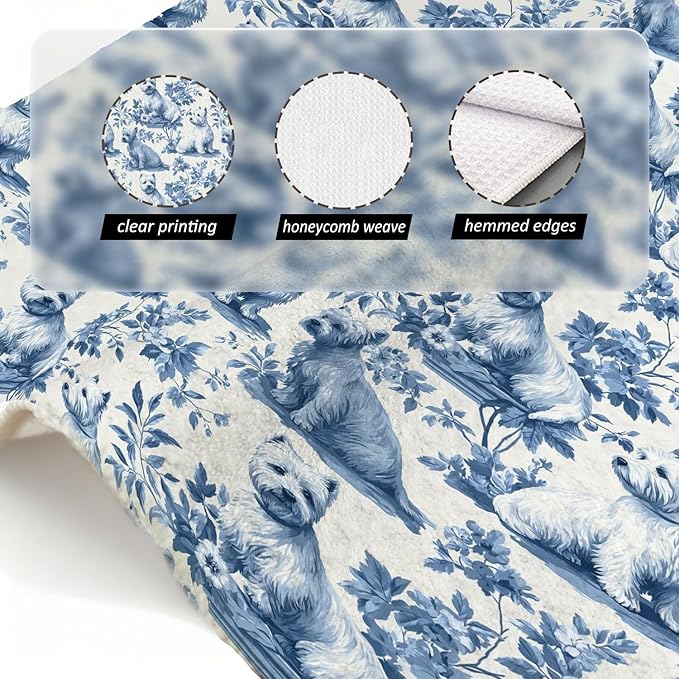 Westie Kitchen Dish Towels,Blue and White Floral Dog Towel Dish Tea Towels, Chinoiserie Decor for Kitchen Bathroom,Westie Gifts for Dog Lover Mom Dad,16x24 Inch