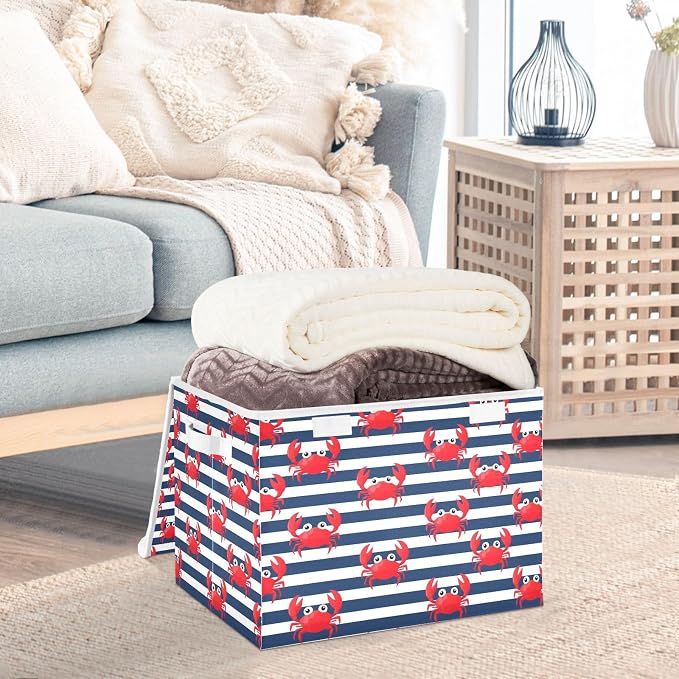 Storage Bins with Lid Crab Stripe Foldable Storage Boxes 40L Baskets | Decorative Storage Boxes, Dust-Proof Flip Top, Reinforced Handles, For Home & Bedroom, Clothes & Toy Box, Sea Fabric Print