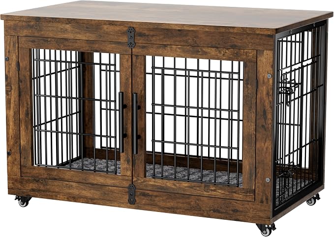 YaFiti Dog Crate Furniture, 38.5" Wooden Indoor Dog Kennel, Rustic Brown | for Large/Medium Dogs, Up to 70 lb, Cushion, Wheels, Double Doors, Furniture Style, Side End Table, Decorative Pet Cage House