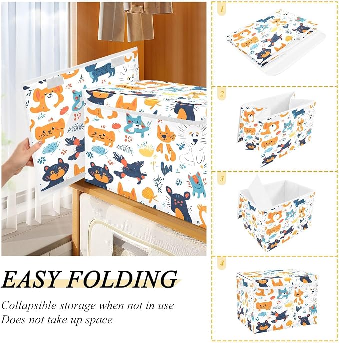 Pets Cats and Dogs Storage Box with Lid and Handles Large Collapsible Fabric Storage Basket Shelf Closet Organizer Bin Holiday Gift Box for Home Bedroom Office