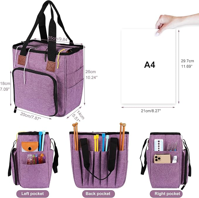 Coopay Crochet Bag w/Shoulder Strap, Yarn Storage Knitting Tote Bag-Purple | Portable Traveling Crochet for Crocheter, Large Capacity Storage Crochet Supplies Yarn Organizers Unfinished Project
