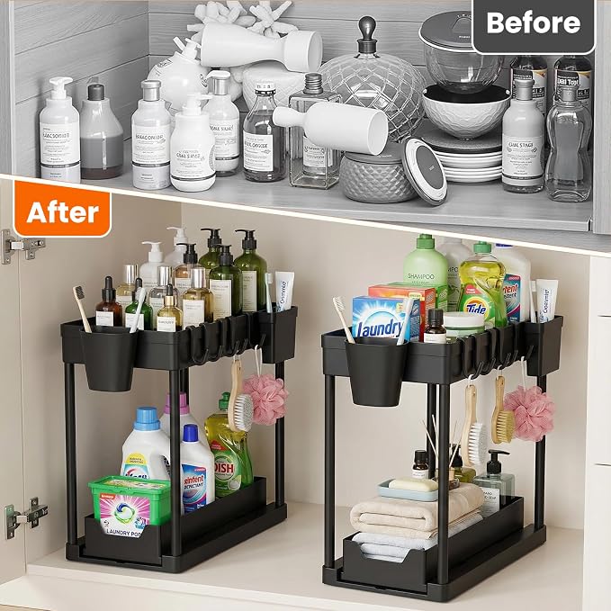 Under The Sink Organizer 2 Pack, 2 Tier Sliding Under Cabinet Organizer | Pull Out Under Sink Storage Multi-Use Undersink Organizers for Countertop, Bathroom, Pantry and Office Organization